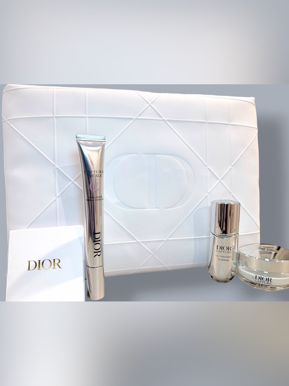 Dior White Cannage Pouch with Box & Capture Skincare Bundle